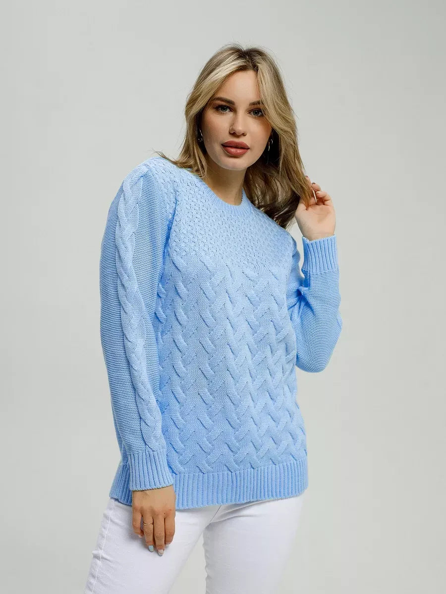 Alba Pullover by Lauven in light blue, showcasing a classic fit and breathable comfort for stylish women.