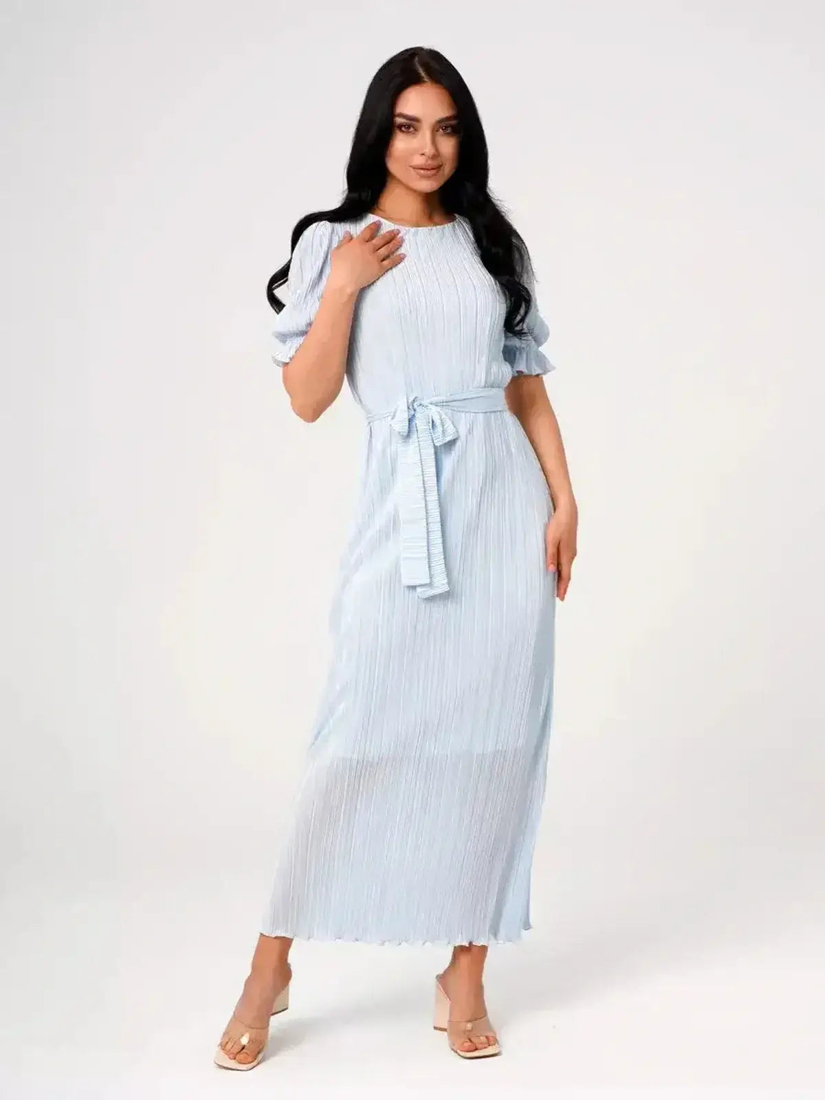 Lauven Angel Maxi Dress in light blue with pleating and self-tie waist, perfect for warm-weather occasions.