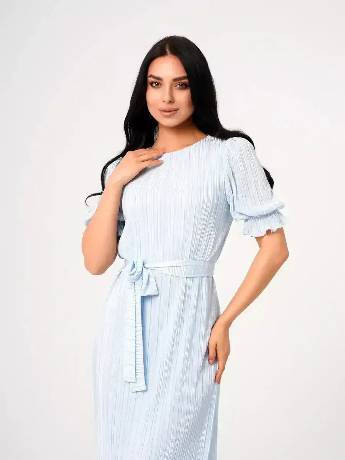 Angel Maxi Dress by Lauven in light blue, featuring pleats, puff sleeves, and waist tie for elegant summer style.