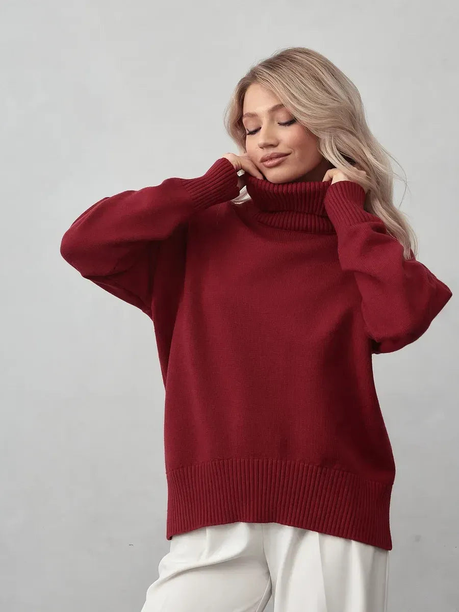 Elegant Arden Sweater by Lauven, featuring a cozy burgundy turtleneck design for women.