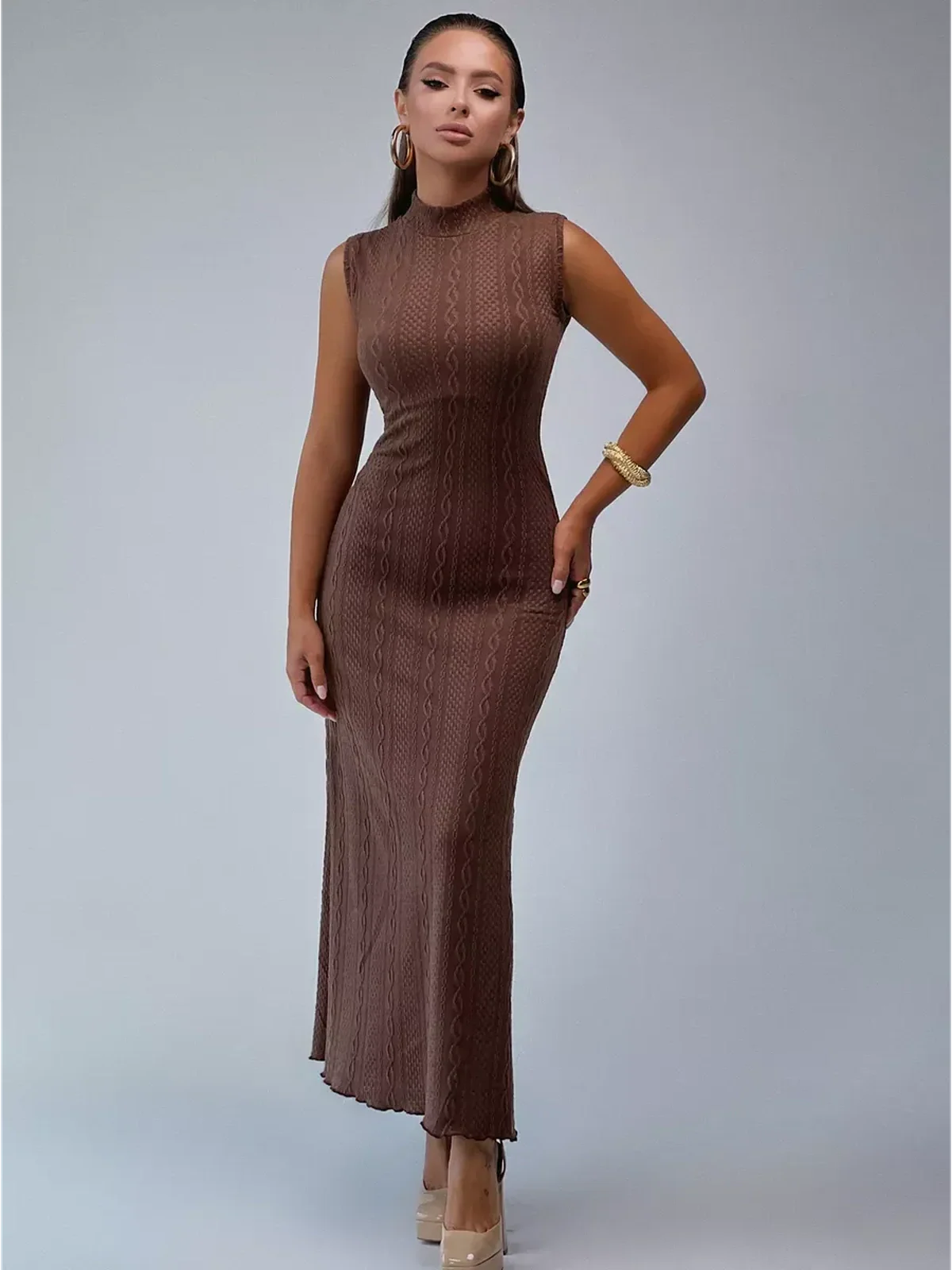 Aurora Maxi Dress by Lauven - Sleeveless knit bodycon gown with jacquard cable texture.
