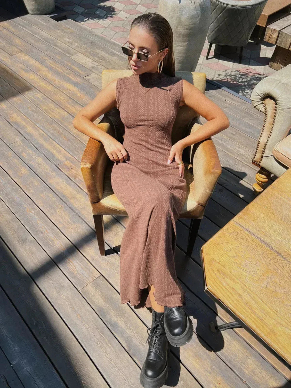 Aurora Maxi Dress by Lauven, sleeveless knit bodycon gown in a chic brown color, perfect for stylish summer outings.