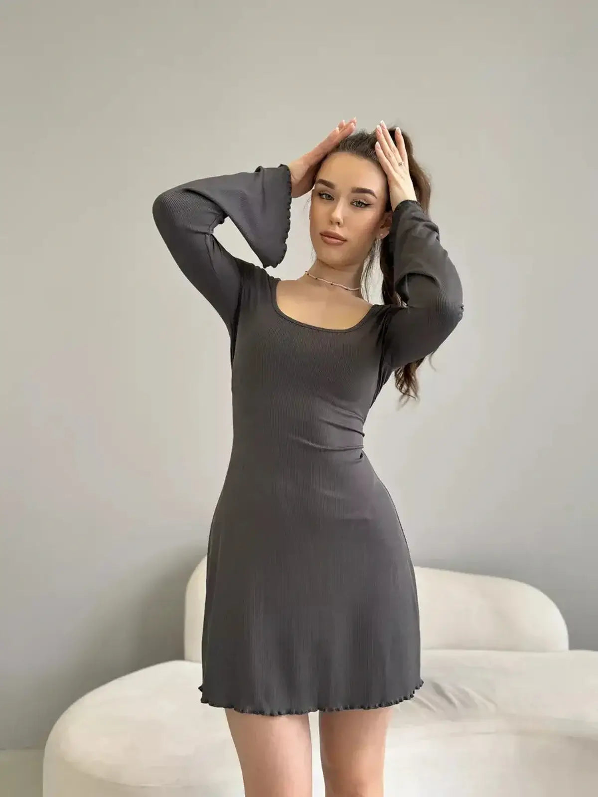 Ava Mini Dress by Lauven featuring ribbed knit long sleeves, square neckline, and a fitted silhouette in gray.