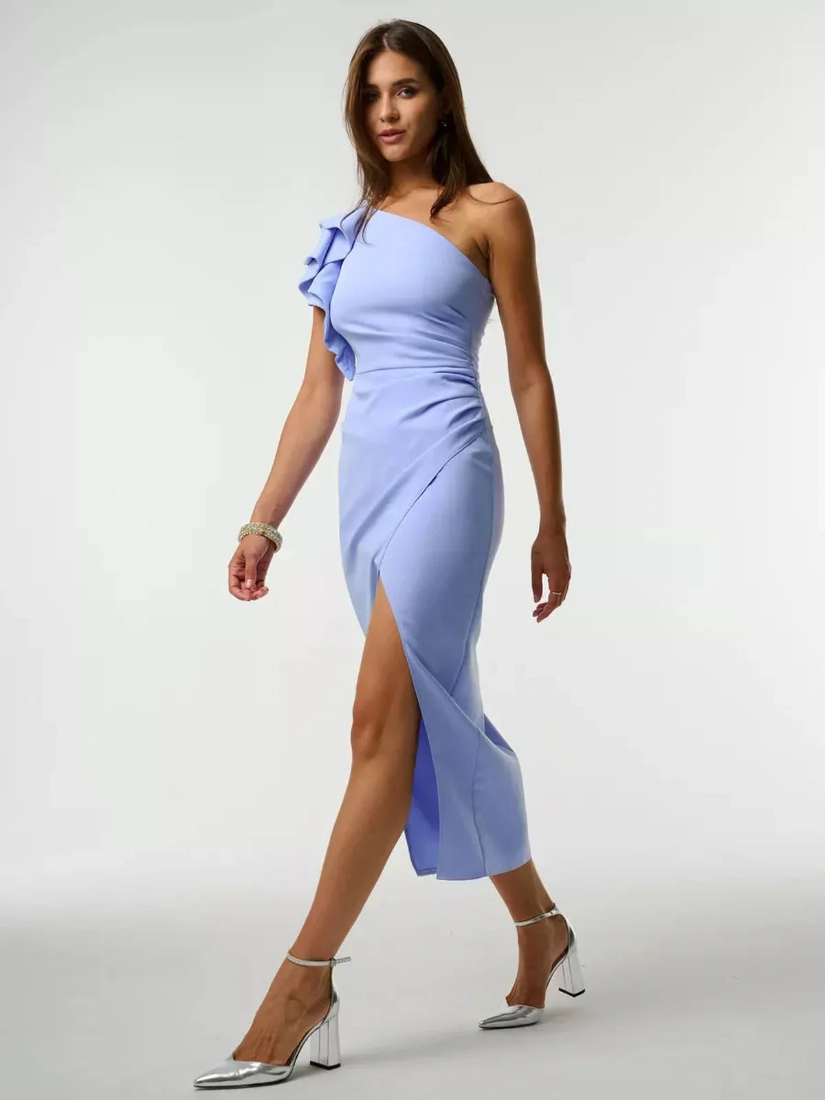 Bella Midi Dress by Lauven, showcasing a one-shoulder design and ruffled detail in powder-blue, perfect for elegant occasions.