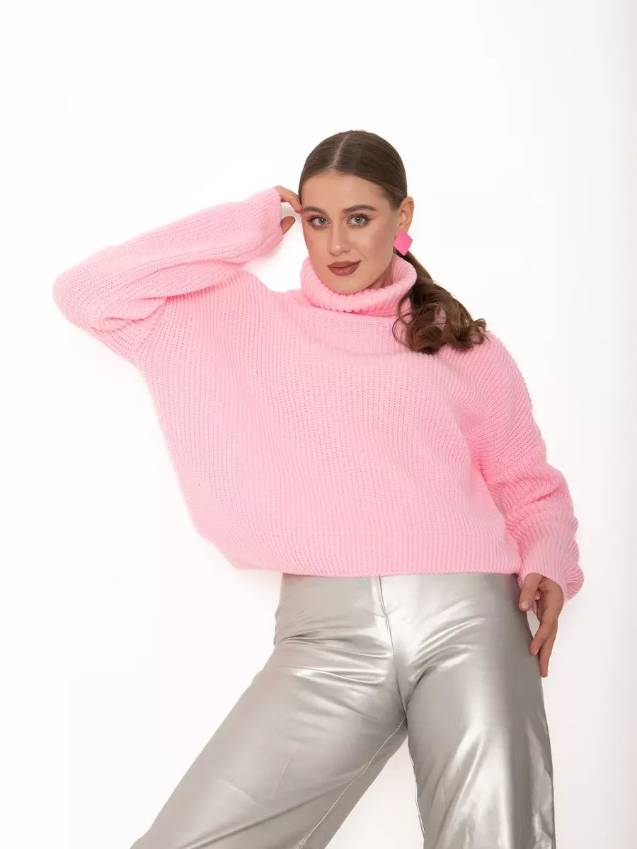Blossom Pullover by Lauven, oversized light pink knit sweater with high neck, perfect for cozy comfort and modern style.