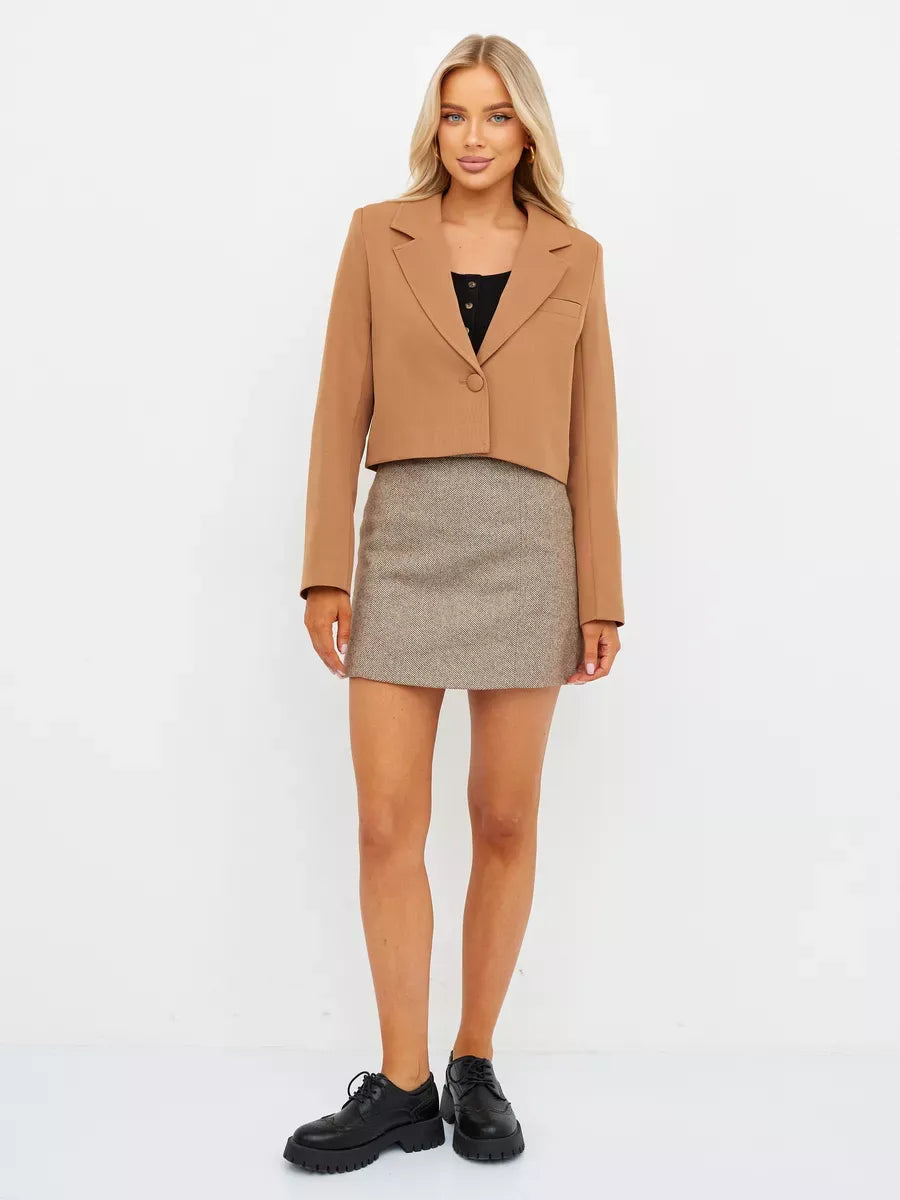 Camel Blazer by Lauven in rich camel color worn with a stylish mini skirt, showcasing tailored sophistication.