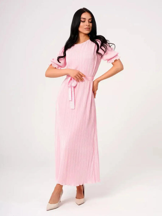 Candy Maxi Dress by Lauven, pink pleated dress with puff sleeves and tie waist.