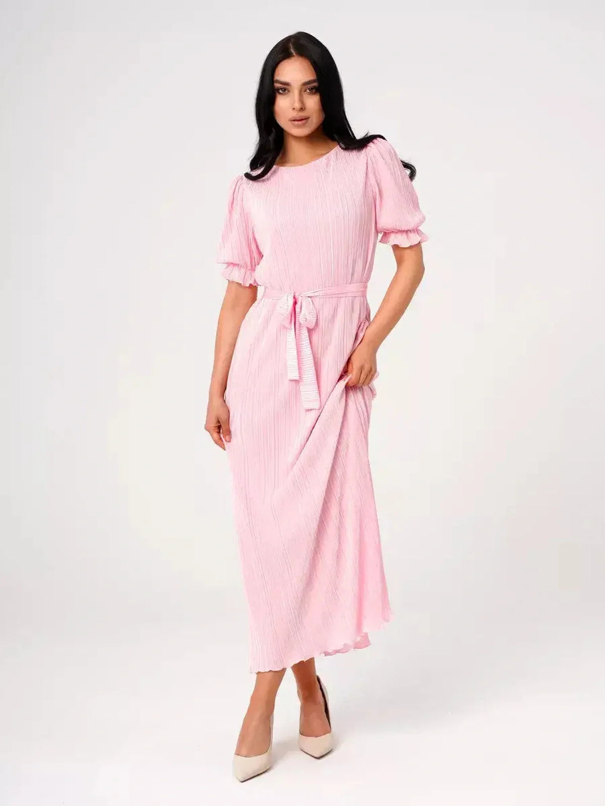 Lauven Candy Maxi Dress featuring pleated elegant design with puff sleeves and tie waist, perfect for any occasion.