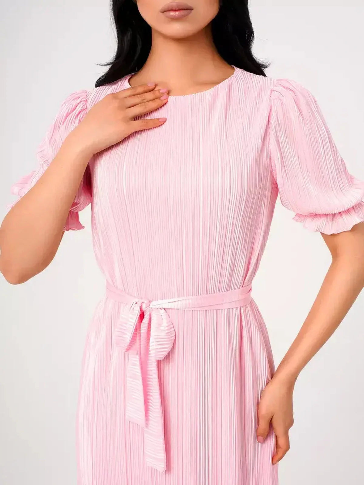 Candy Maxi Dress featuring pleated fabric, puff sleeves, and a tie waist for a chic feminine look.