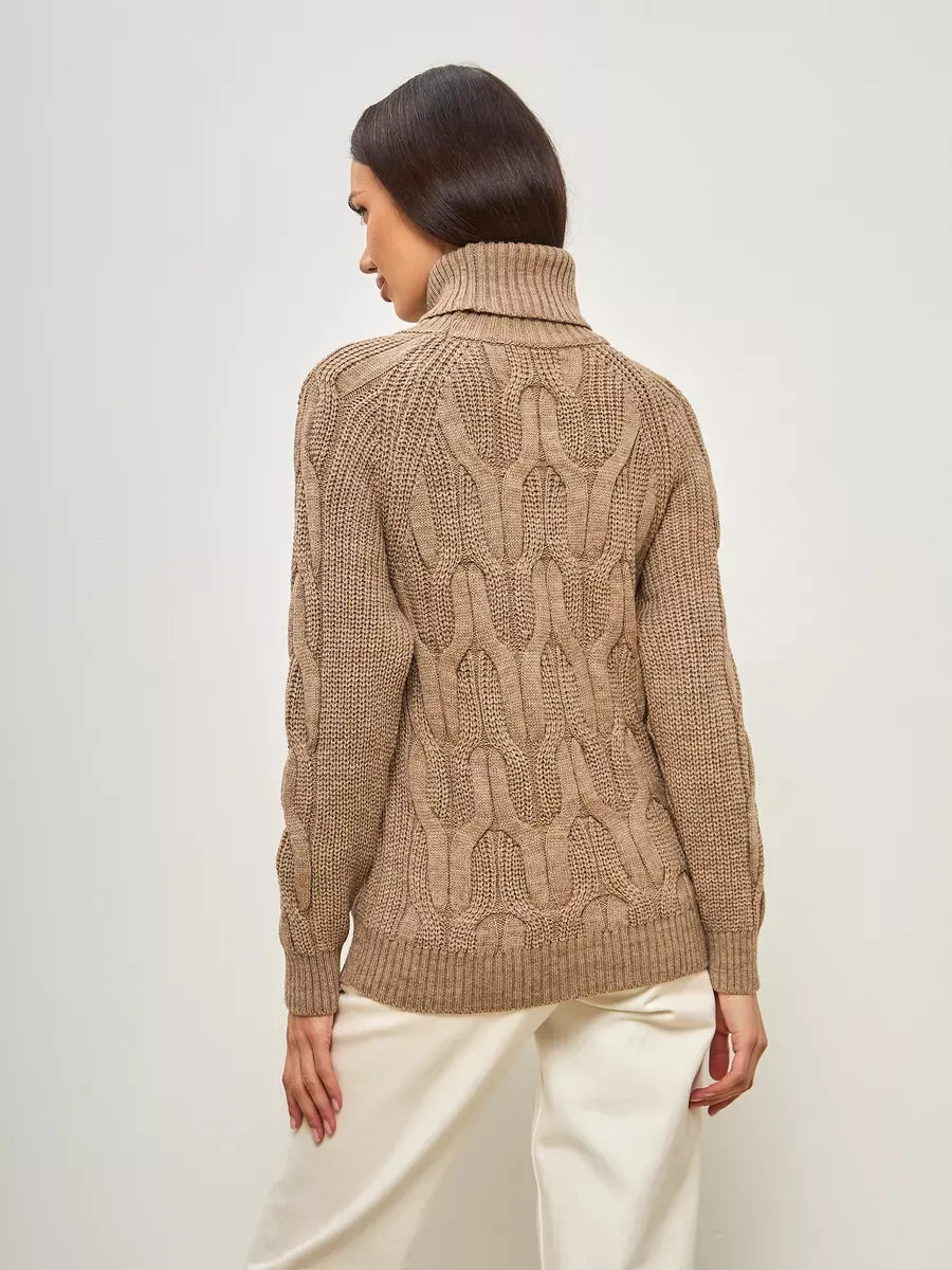 Cappuccino Knitwear by Lauven, oversized wool-blend turtleneck sweater showcasing elegant back detail.