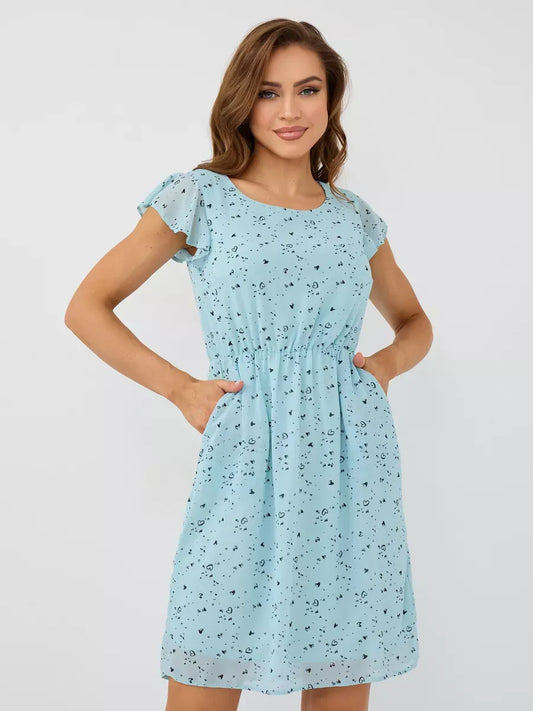 Celeste Mini Dress by Lauven - Elegant light blue ruffle dress perfect for special occasions and warm autumn days.