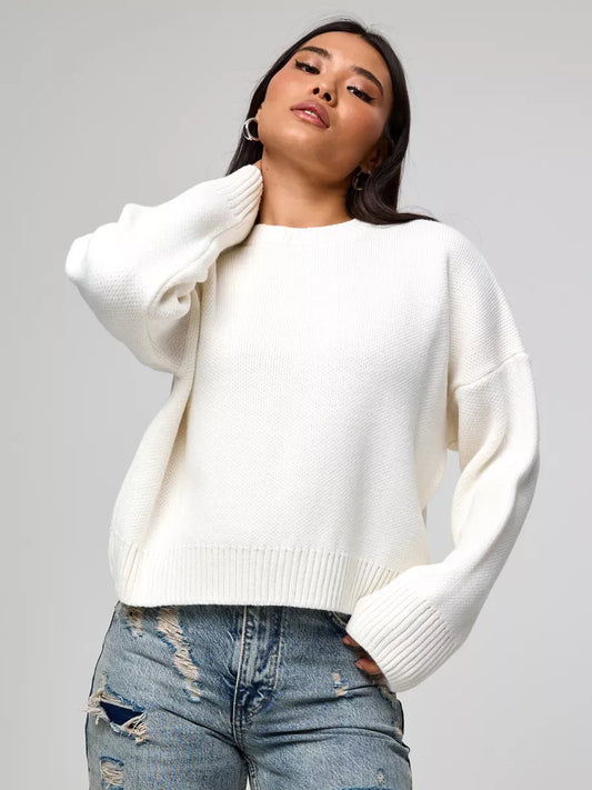 Celeste Pullover by Lauven, oversized cropped women's sweater in soft ivory, perfect for casual outfits.