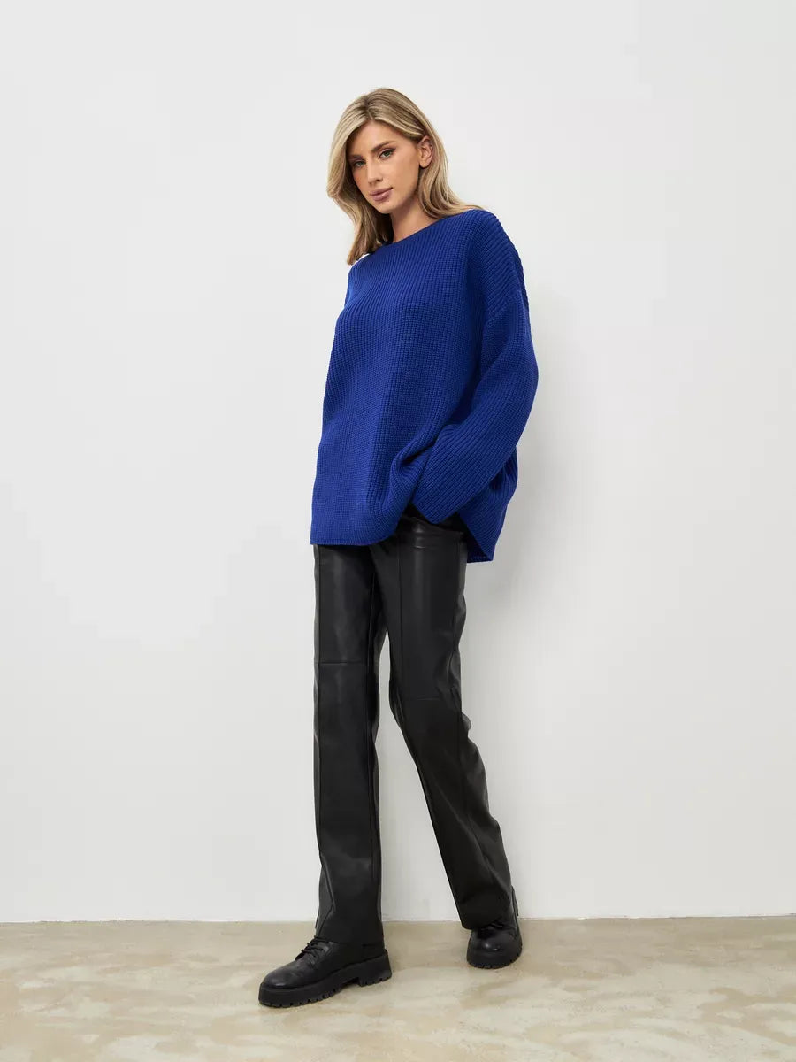 Celeste Sweater by Lauven - Oversized electric blue knit pullover with crew neck, ideal for stylish layering.