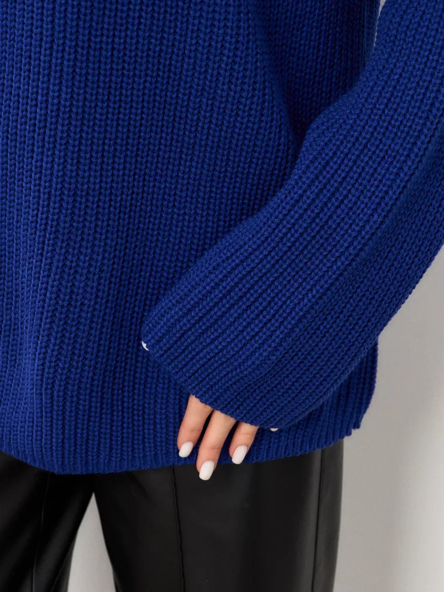 Celeste Sweater by Lauven featuring oversized electric blue knit texture and relaxed crew neck design.