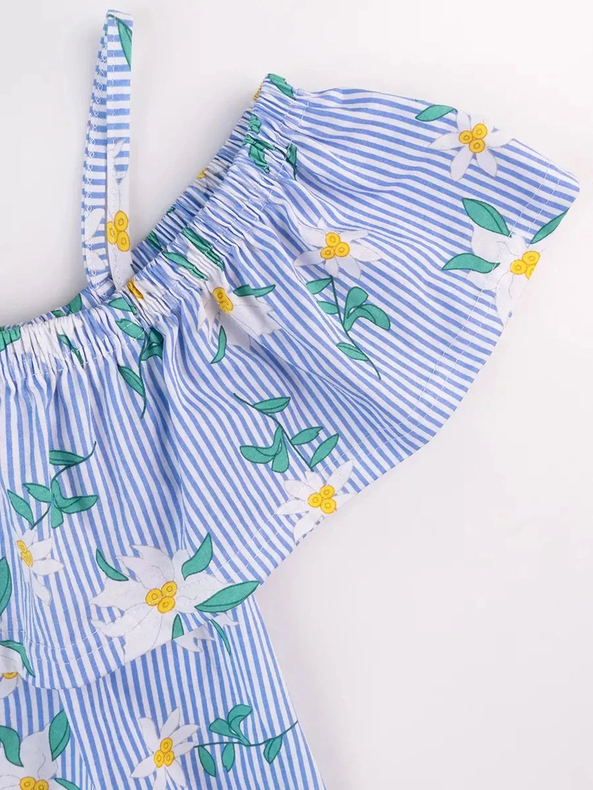 Clematis Mini Dress by Lauven with blue and white pinstripe and floral ruffle detail for summer elegance.