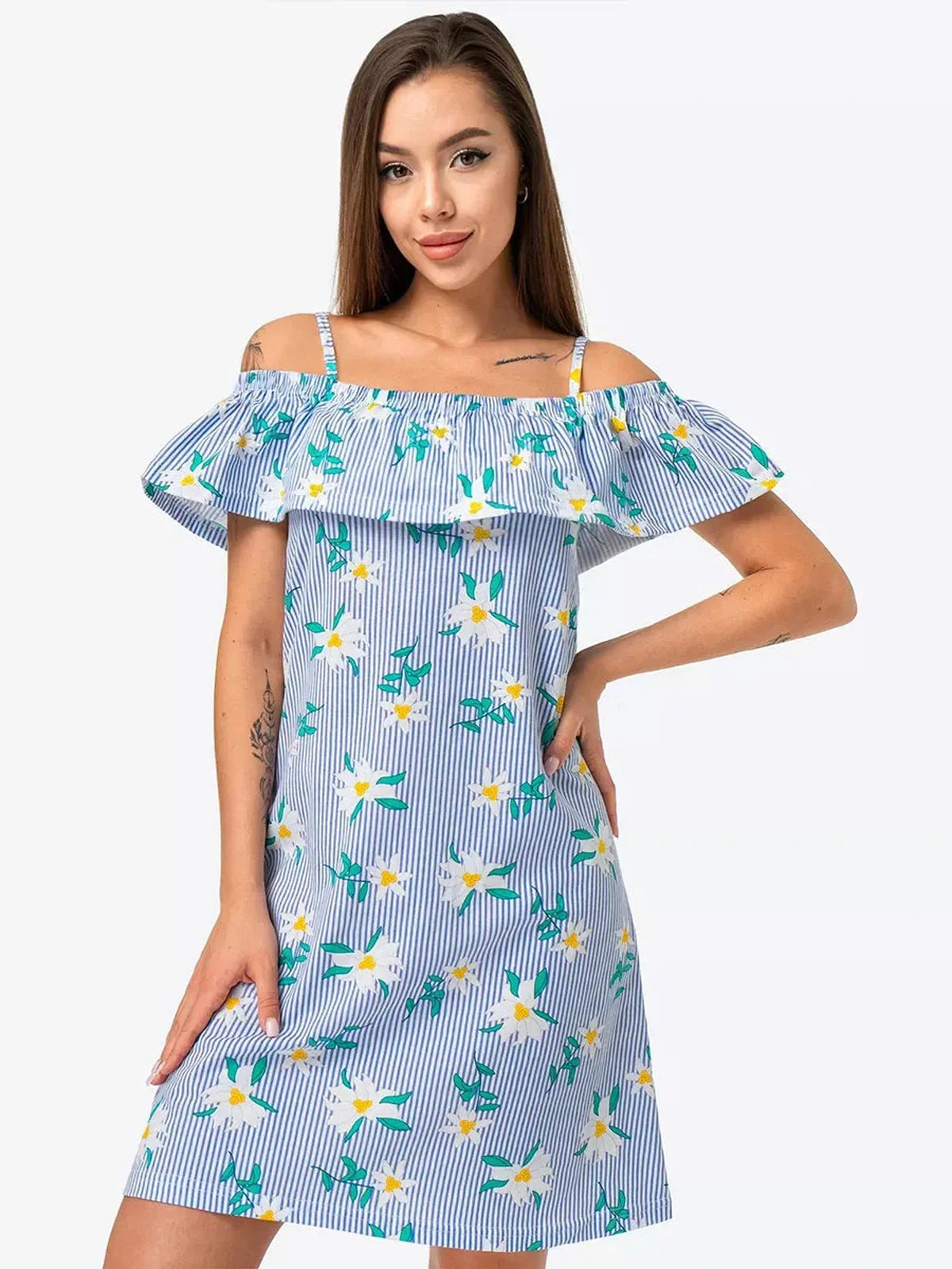 Clematis Mini Dress by Lauven - Off-shoulder floral pinstripe trapeze dress perfect for summer occasions.