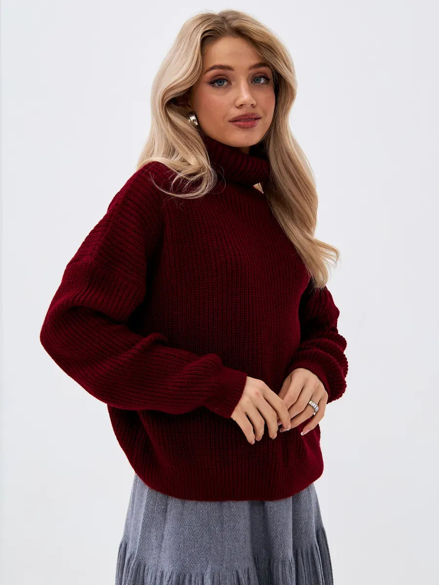 Lauven Crimson Pullover - Oversized Burgundy Knit Sweater with High Neck for Cozy Luxury Style