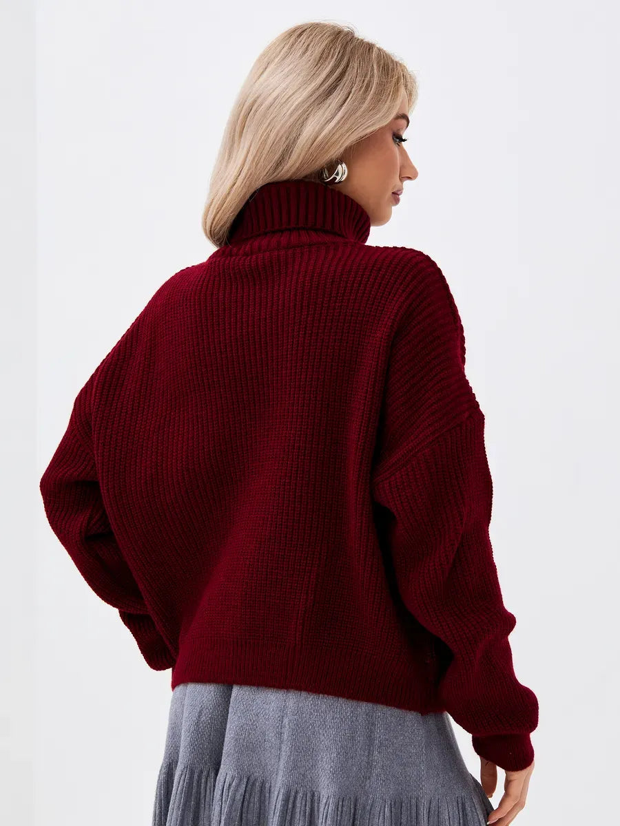 Back view of a woman wearing a Crimson Pullover by Lauven, oversized burgundy knit sweater with high neck.