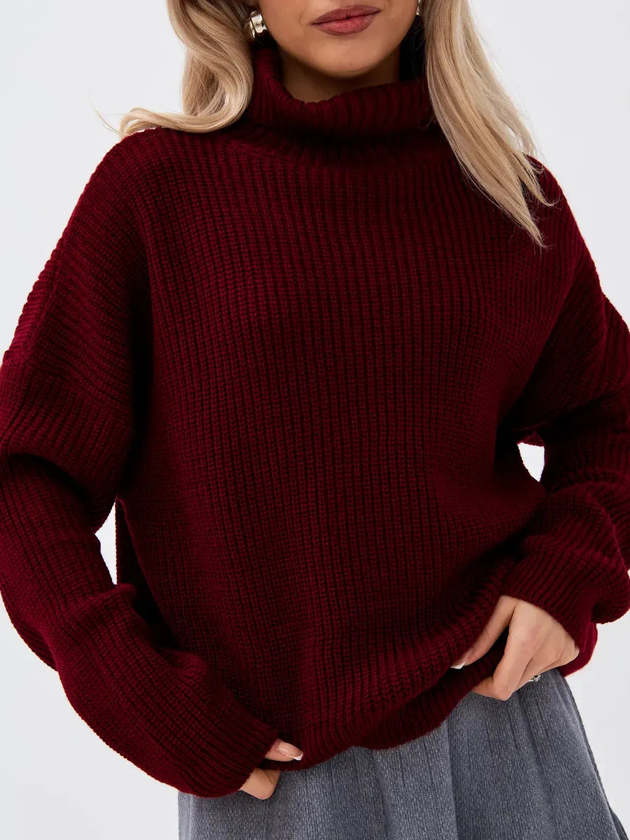 Crimson Pullover by Lauven - Oversized burgundy knit sweater with high neck for cozy luxury and style.