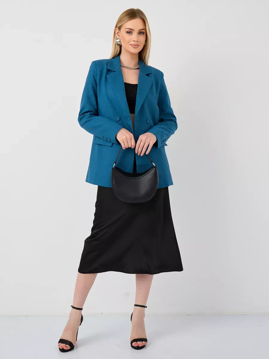 Diana Blazer by Lauven: Classic cropped elegance in teal, styled with a black dress and handbag for a chic look.