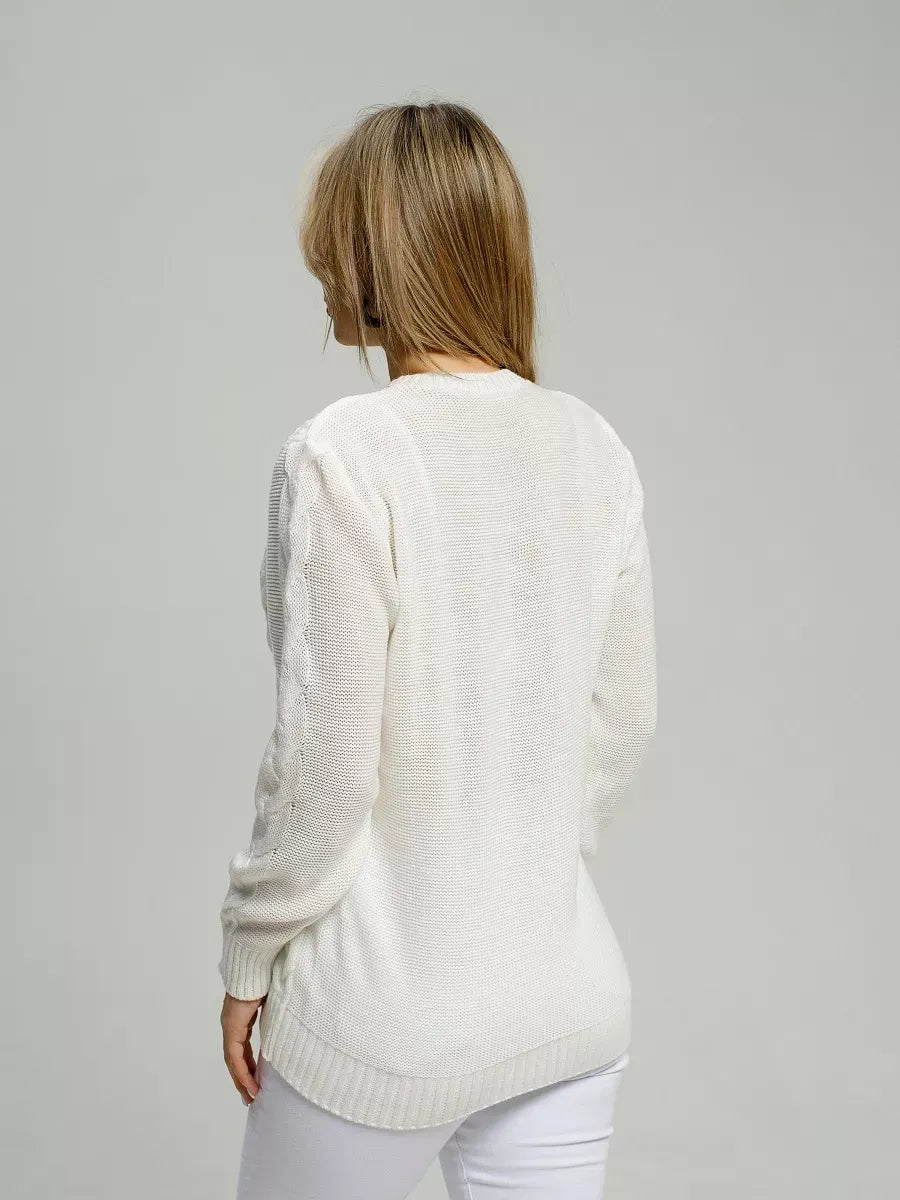 Eden Sweater by Lauven, elegant white knitwear showcasing breathable comfort from the back.
