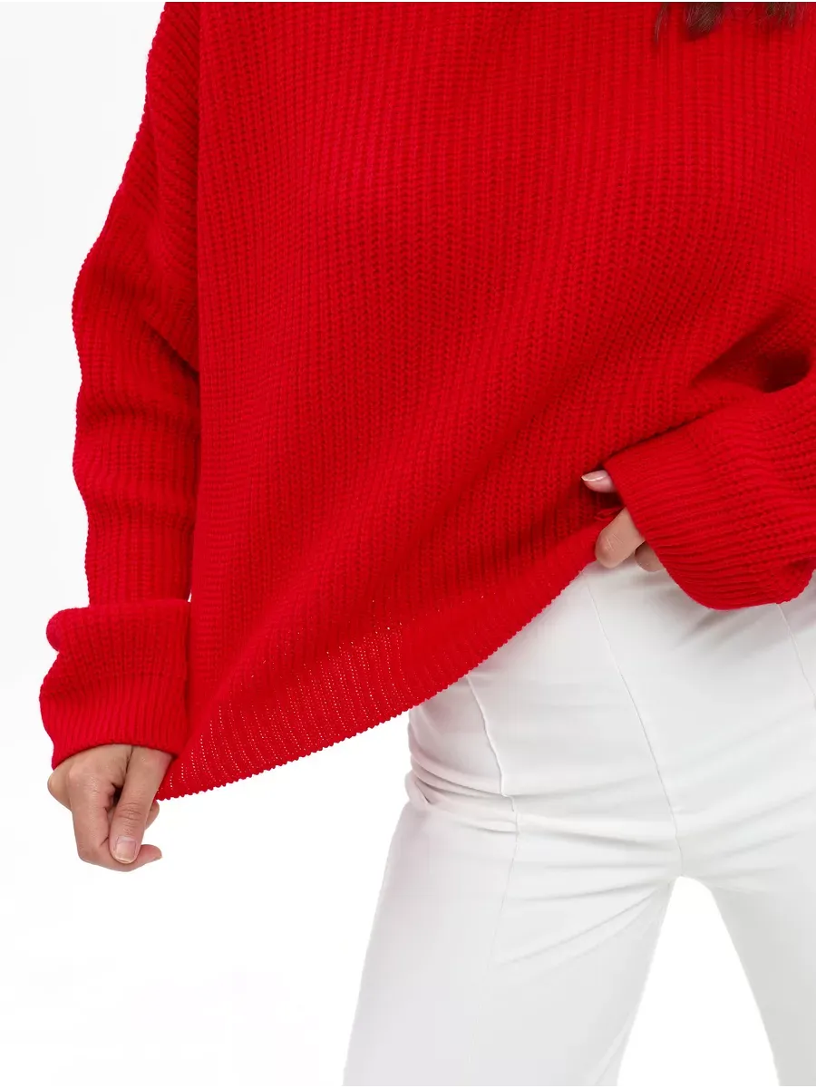 Ember Pullover by Lauven: Oversized knit sweater in vibrant red, perfect for warmth and style.