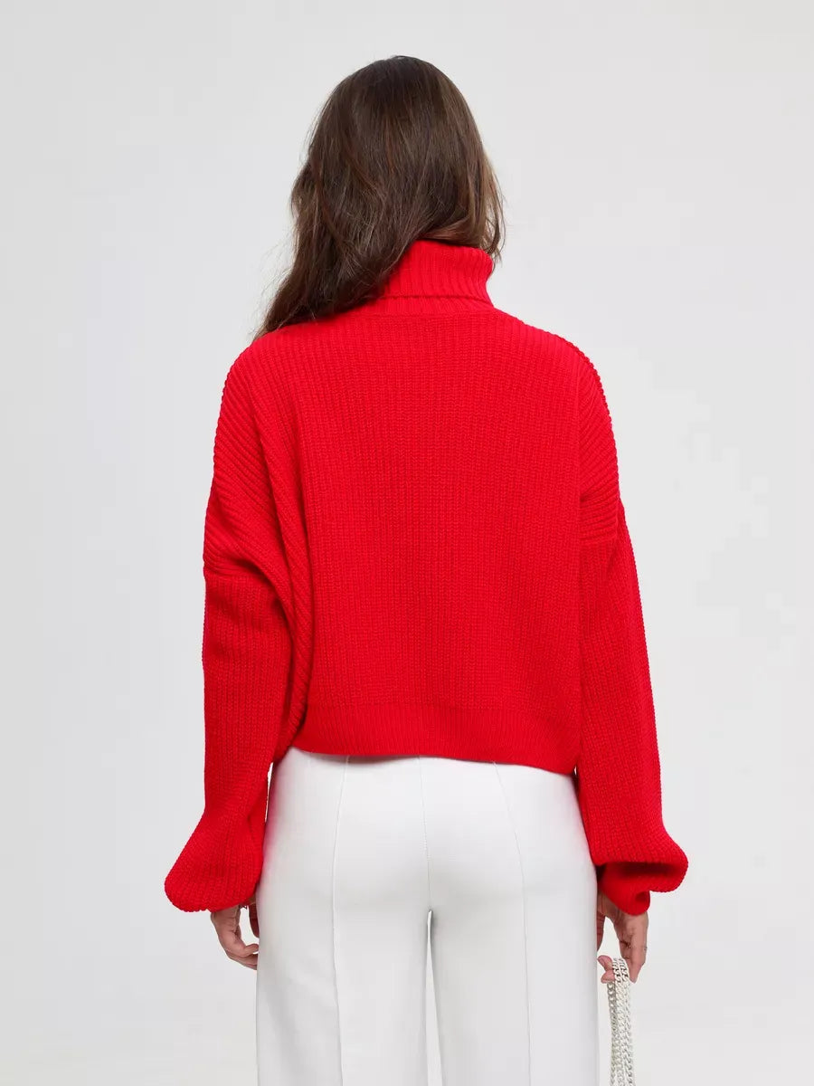 Ember Pullover by Lauven - Red oversized knit sweater with high neck and relaxed fit.