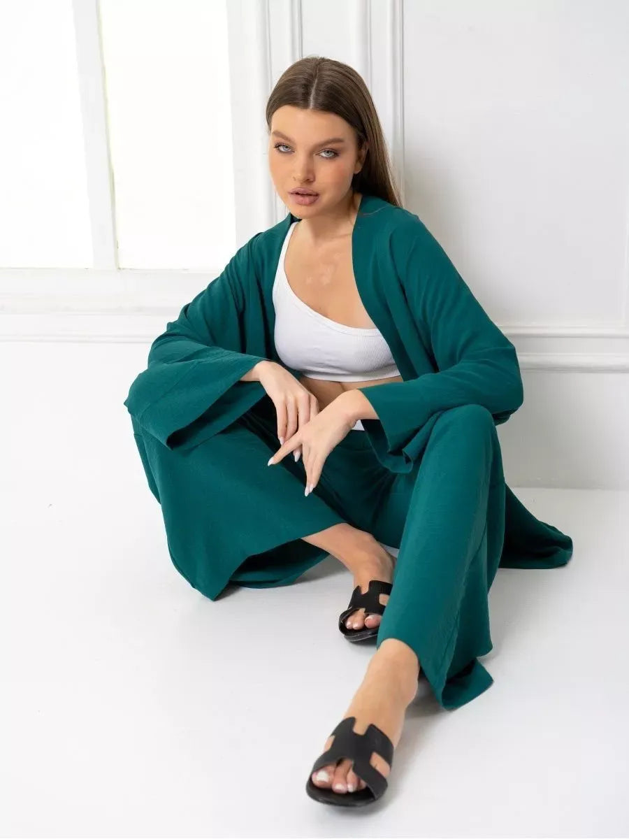 Emerald Suit Set by Lauven, showcasing a luxurious green oversized two piece set with kimono-style robe.