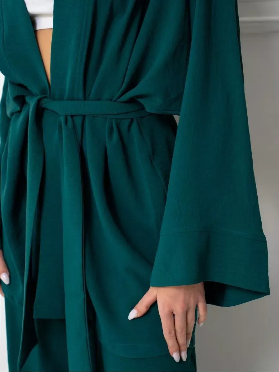 Emerald Suit Set by Lauven, featuring an oversized kimono-style robe with a matching belt in luxurious green.