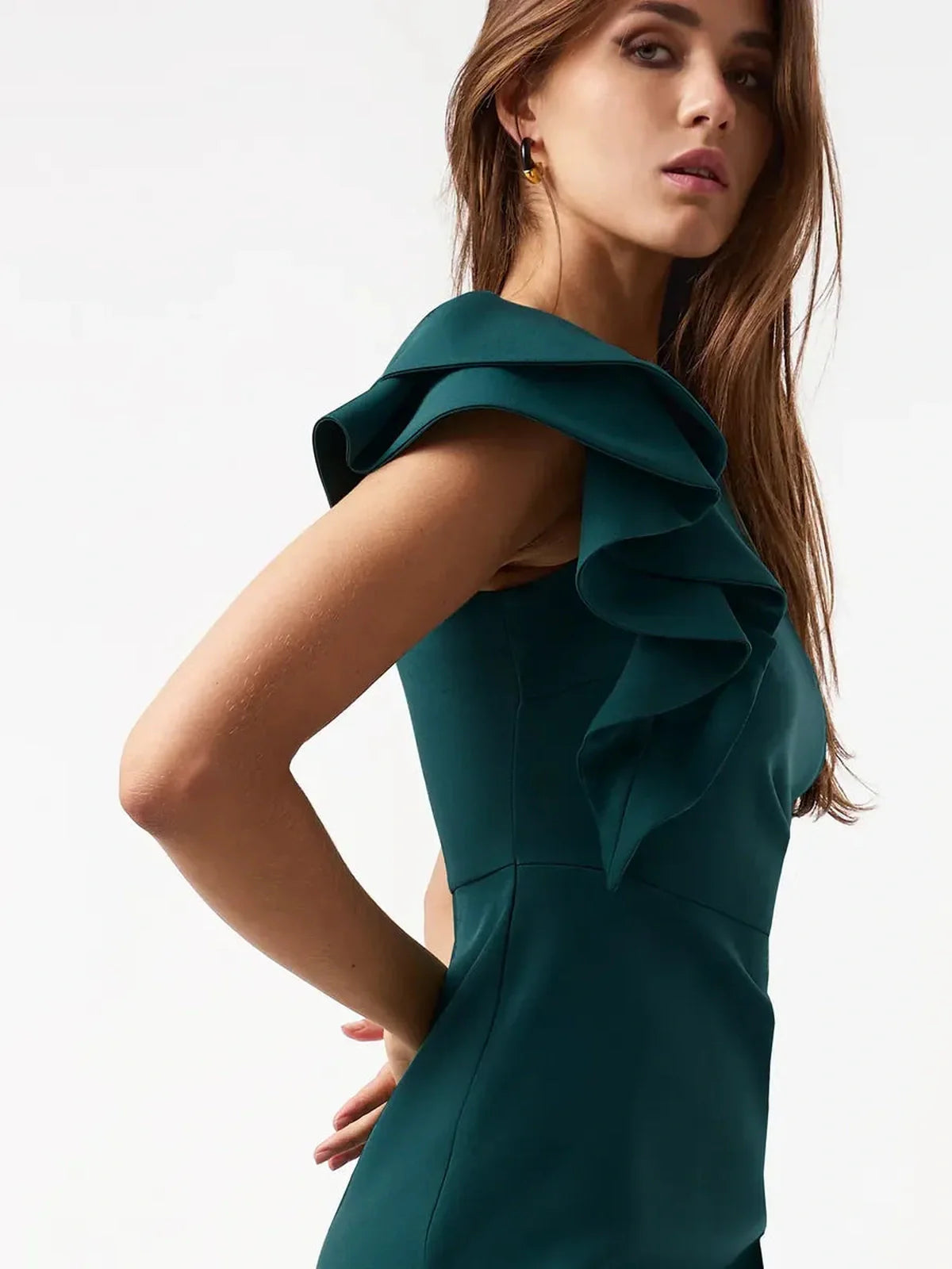 Eva Midi Dress by Lauven in deep emerald, featuring a dramatic one-shoulder ruffle for elegant sophistication.