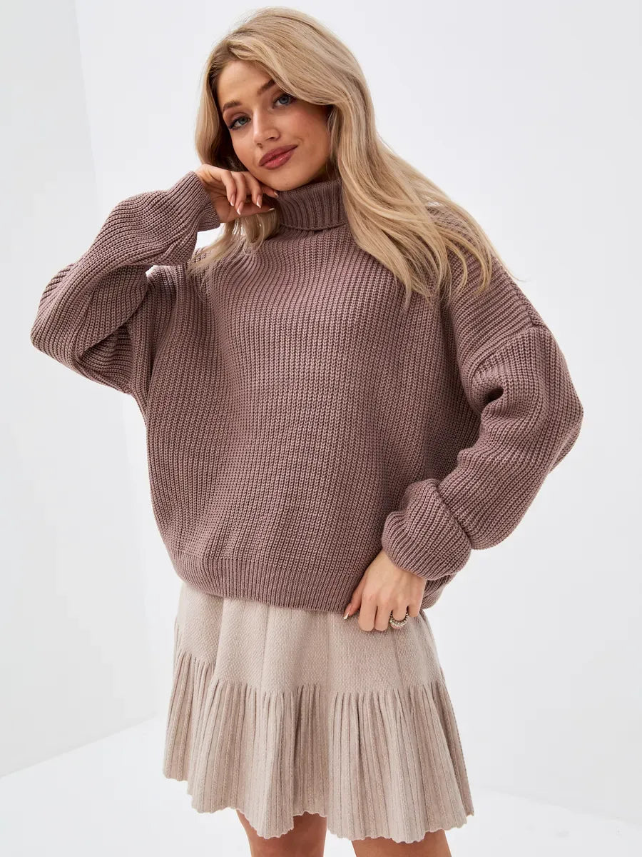 Florence Sweater by Lauven in cozy coffee tone, oversized knit with turtleneck, perfect for stylish transitions.