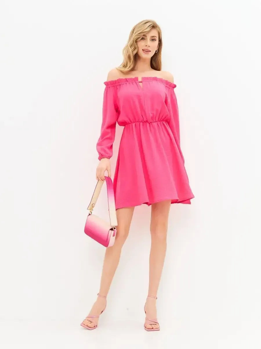 Fuchsia Mini Dress by Lauven, vibrant off-shoulder pink mini dress perfect for elegant celebrations.