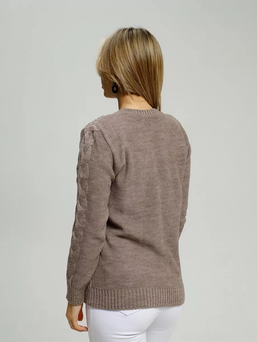 Gaia Sweater by Lauven – Cozy brown knitwear showcasing a woman's back view, perfect for stylish warmth.