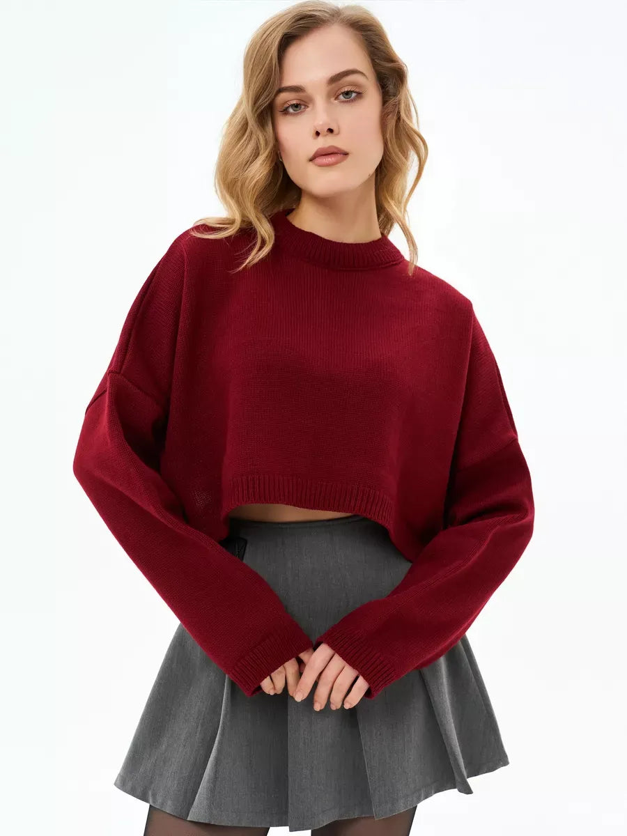 Garnet Sweater by Lauven - Cropped oversized knit in deep burgundy, offering cozy comfort and stylish versatility.