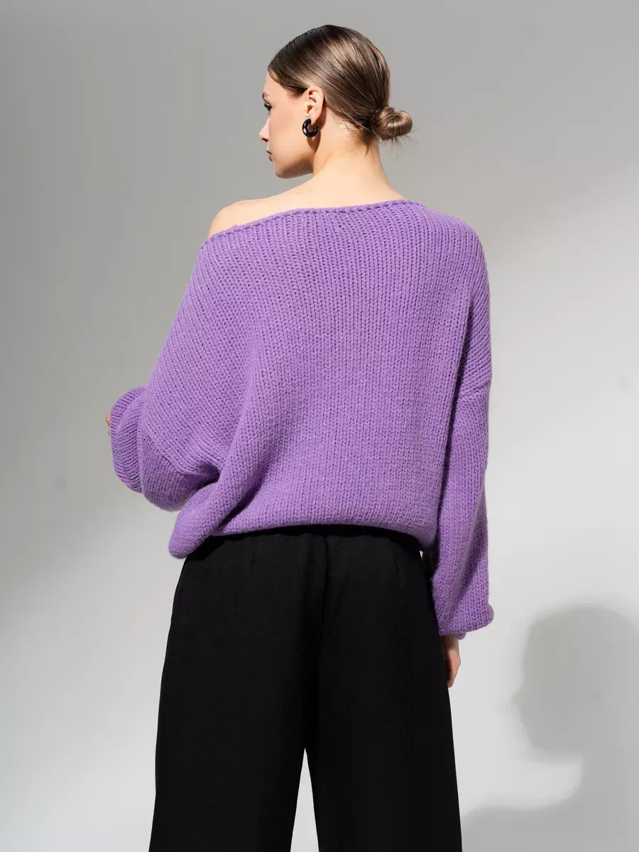 Lavina Sweater by Lauven - Oversized off-shoulder knit in lavender color, perfect for fall and winter.