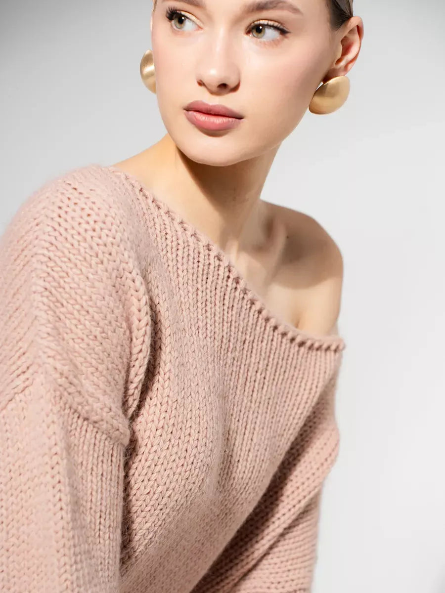 Rosea Sweater by Lauven - Oversized off-shoulder knit in powder pink, showcasing a model wearing elegant styling.