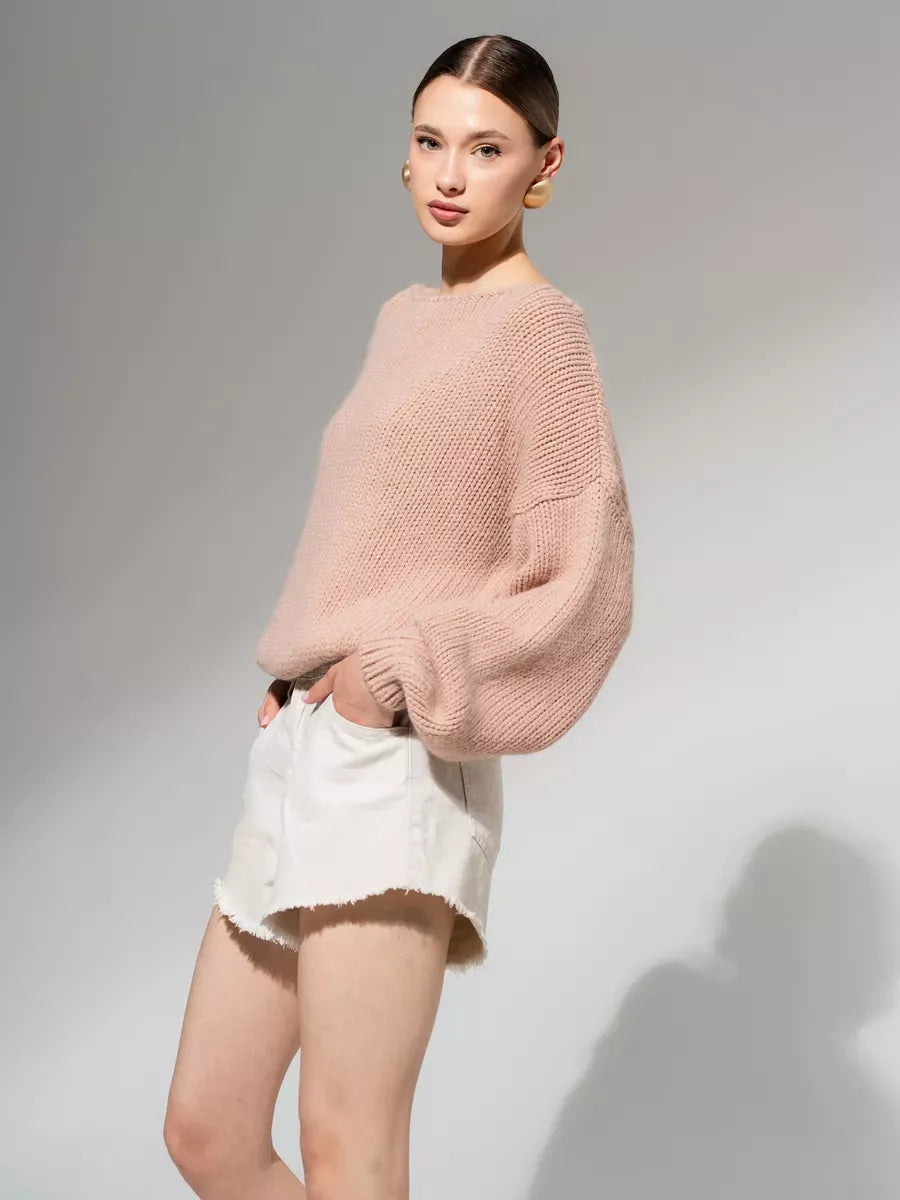 Rosea Sweater by Lauven - Oversized Off-Shoulder Knit in Powder Pink, blending comfort and style.