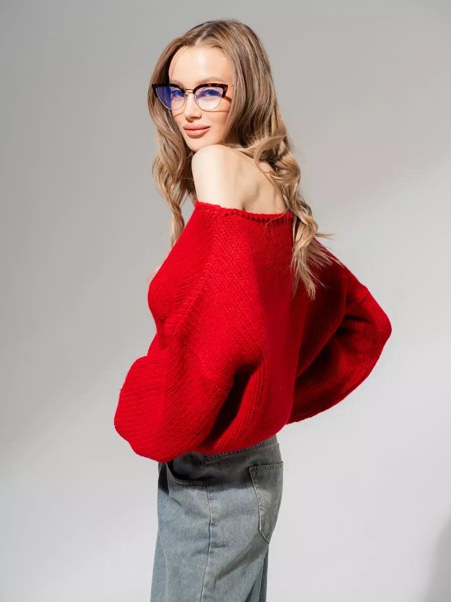 Scarlet Sweater by Lauven - Oversized Off-Shoulder Knit in Deep Red, showcasing luxury and comfort with a stylish design.