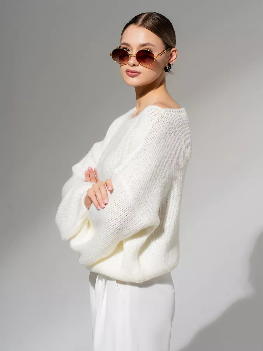 Ivory Sweater by Lauven — Oversized off-shoulder knit featuring a crisp white shade and minimalist style.