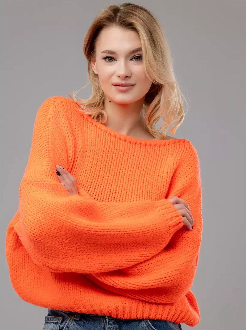 Nova Sweater by Lauven - Oversized Off-Shoulder Knit in Neon Orange shown on model.