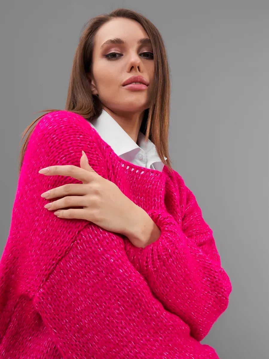 Isolde Sweater by Lauven, an oversized fuchsia knit with chunky texture and boat neck.