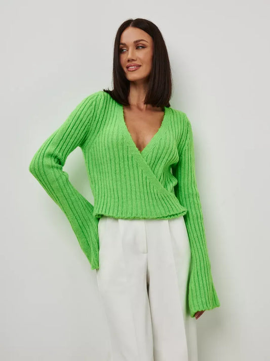 Vega Sweater by Lauven, cropped pistachio knit with V-neck and wide sleeves, perfect for bold style.