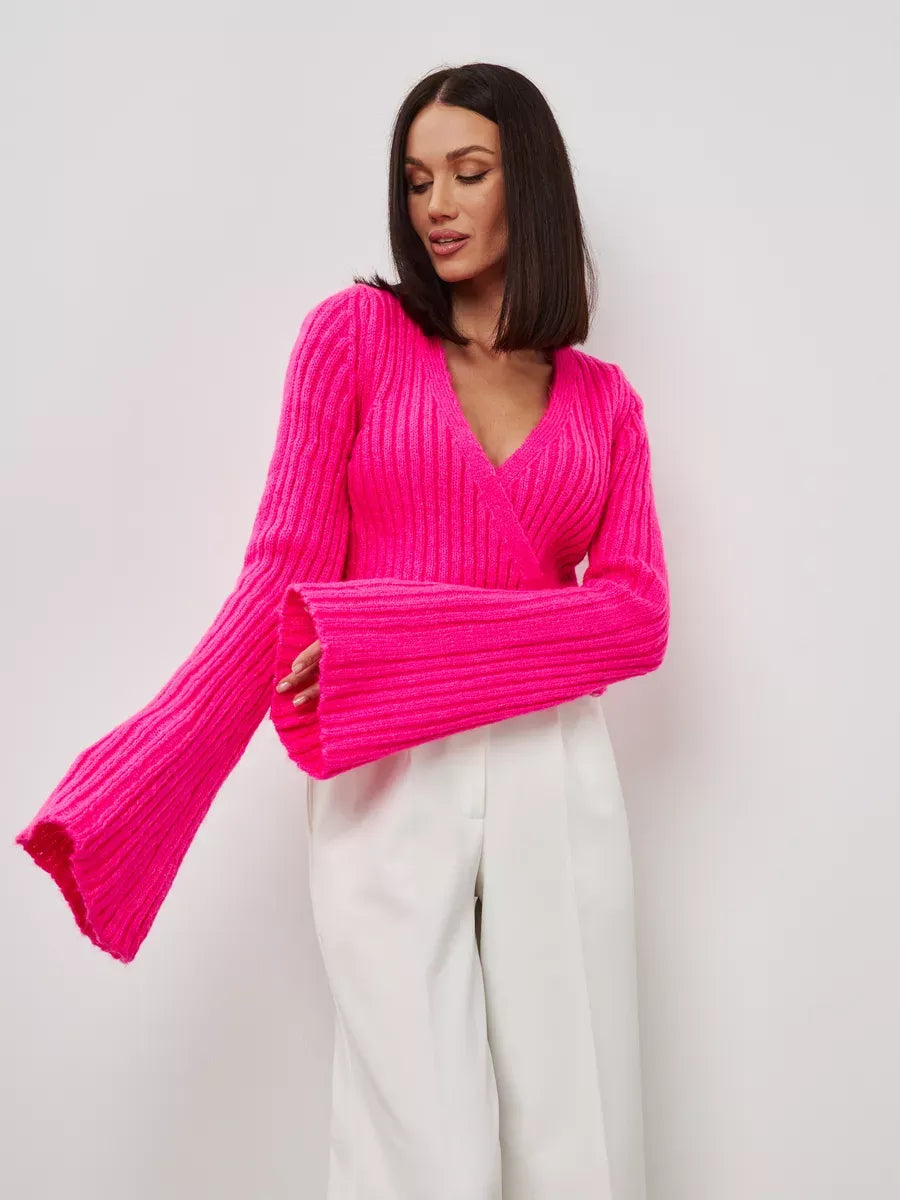 Selene Sweater by Lauven - Cropped V-Neck Knit in striking fuchsia with wide cuffs for a stylish look.