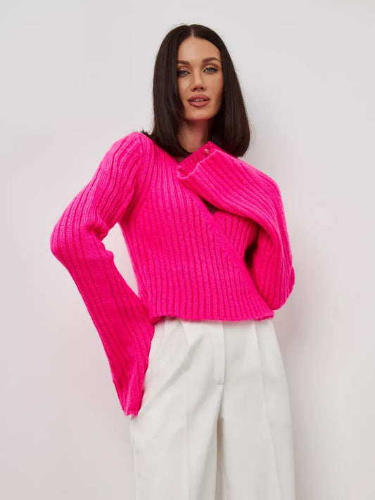 Selene Sweater by Lauven in bold fuchsia with cropped V-neck and wide cuffs, perfect for stylish comfort.