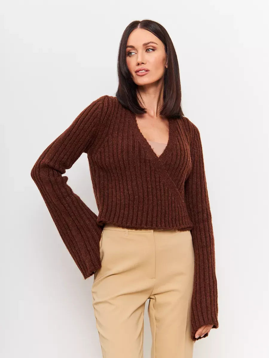 Orion Sweater by Lauven showcasing a cropped brown knit design with a deep V-neck and wide sleeves.