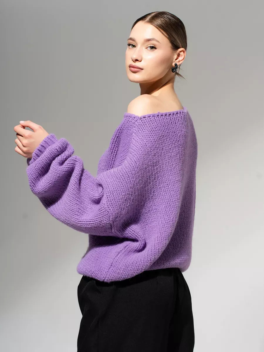 Lavina Sweater by Lauven, oversized off-shoulder knit in lavender, showcasing softness and elegance.