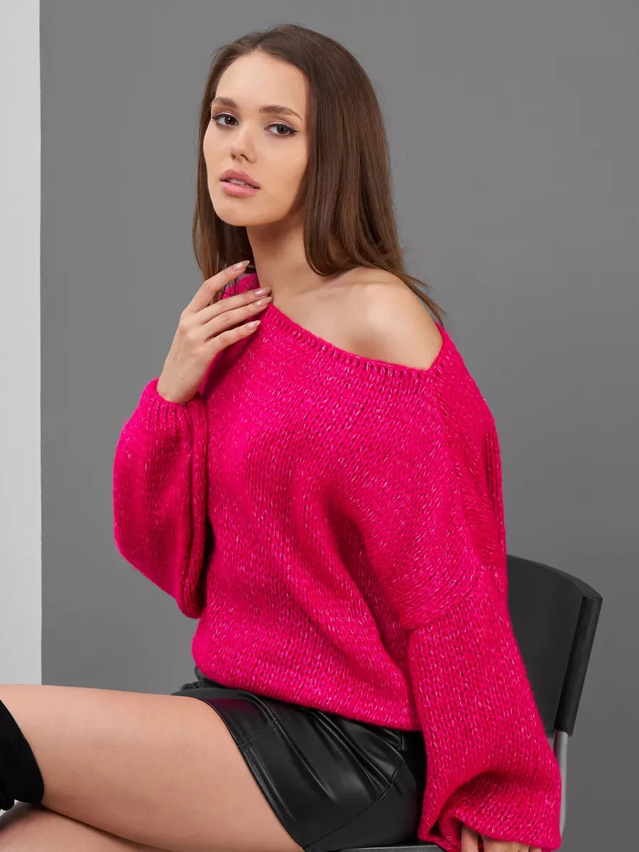 Isolde Sweater by Lauven, oversized fuchsia knit with boat neck and chunky texture, perfect for modern women.