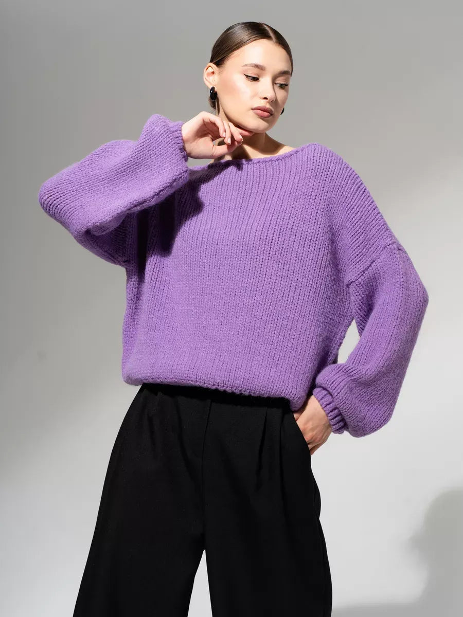 Lavina Sweater by Lauven in oversized off-shoulder knit style, featuring a soft lavender color and elegant silhouette.