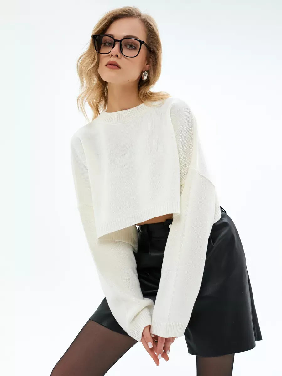 Ivory Sweater by Lauven — Cropped oversized knit in pure white for modern layering.