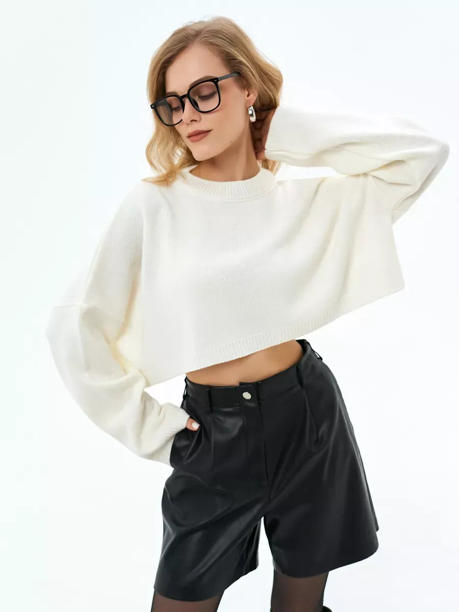 Ivory Sweater by Lauven - Cropped oversized knit in white, ideal for layering and casual elegance.